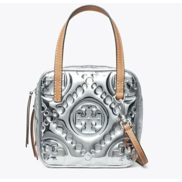 Limited Edition Tory Burch T Monogram Embossed Metallic Silver Cube Handbag - Picture 2 of 12